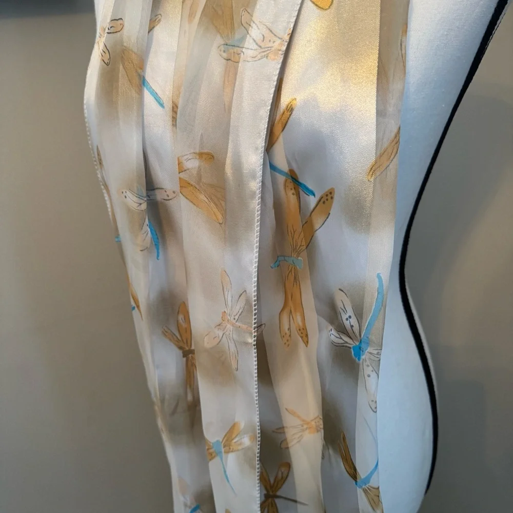 Vintage Dragonfly Sheer Chiffon Scarf Ivory‎ Gold Turquoise Long